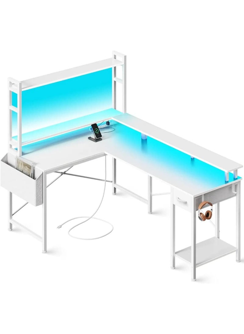 طاولة ألعاب و مكتب منزلي بشكل حرف L مع اضاءة RGB و منافذ طاقة ابيض - Image 2